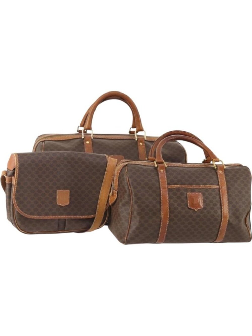 CELINE Macadam Canvas Boston Bag PVC Leather 3 Set Brown